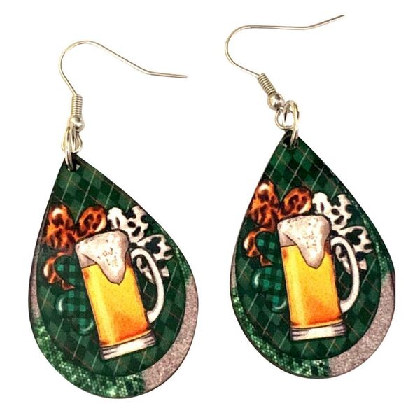 St. Patrick’s Day Tall Draft Beer Teardrop Earrings - Picture 1 of 1